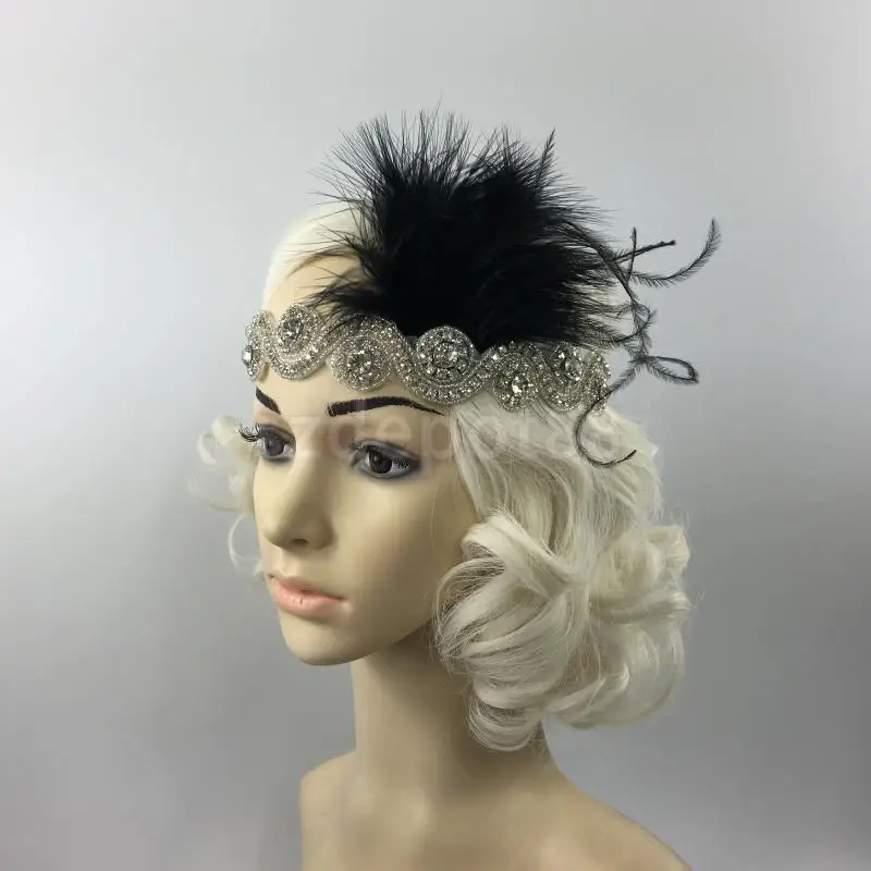 

Great Gatsby 1920 Flapper Headpiece Crystal Bridal Black Feather Headband