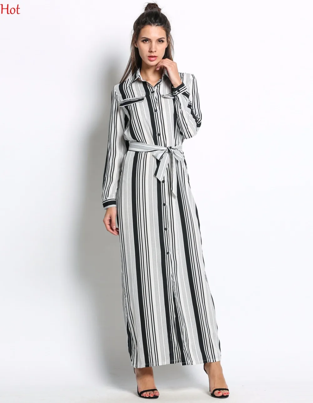 Популярное платье рубашка в черно белую полоску элегантное с длинным рукавом и
