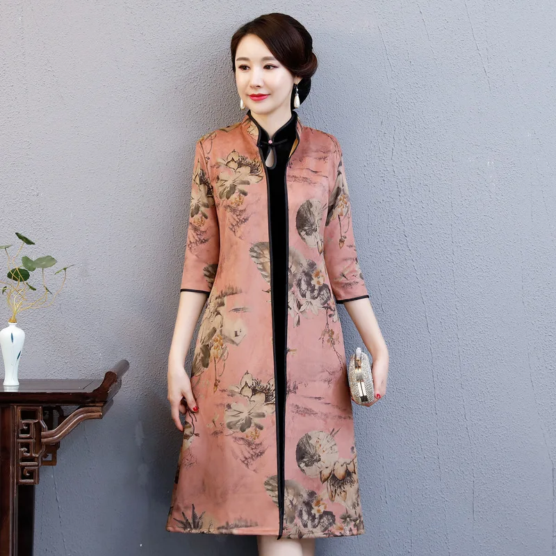 Китайская Леди золото бархат Cheongsam традиционный Женский 2 шт. Qipao и куртка благородный теплый праздничная одежда осень зима классическое пальто
