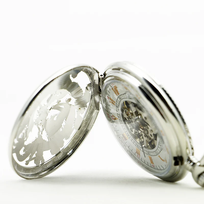 Silver Phoenix Flying Dragon Hollow Mechanical Pocket Watch Vintage Pendant Necklace Bracelet Men's and Women's Clock Gift