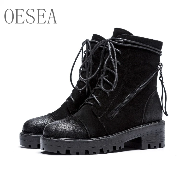 Новые черные короткие сапоги 2018 Модные Простые на молнии воловья шнуровке