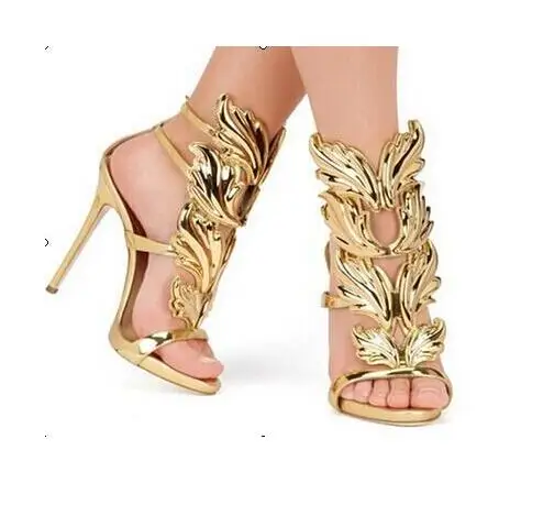Hot sales gold floral leaves patent leather women sandals peep toe high heels cut-outs gladiator shoes Party Shoes |