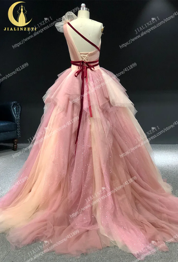 

JIALINZEYI Real Picture Sexy Marchesa one shoulder unde pink with colorful flowers ball gown Dresses Party Evening Dresses