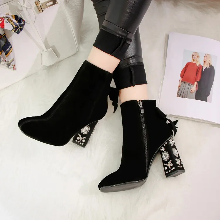 Роскошные замшевые ботильоны для женщин Стразы с квадратным носком на высоком