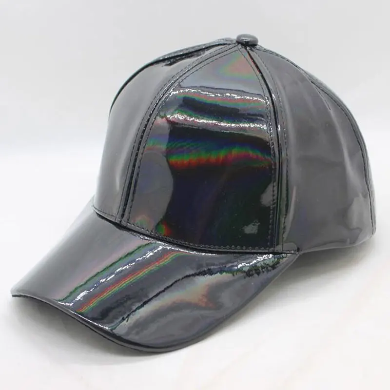 Rainbow PU Leather Baseball Cap Adjustbale Snapback Hats for Men Women Purple Gold Silver 6 Panels Hip Hop Caps Dance Party Wear - Цвет: Черный