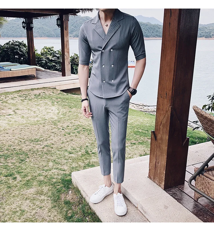 Двубортный костюм; летний костюм; Mariage Homme; цвет черный, белый, серый, синий; костюм в полоску; Uomo Trajes De Hombre