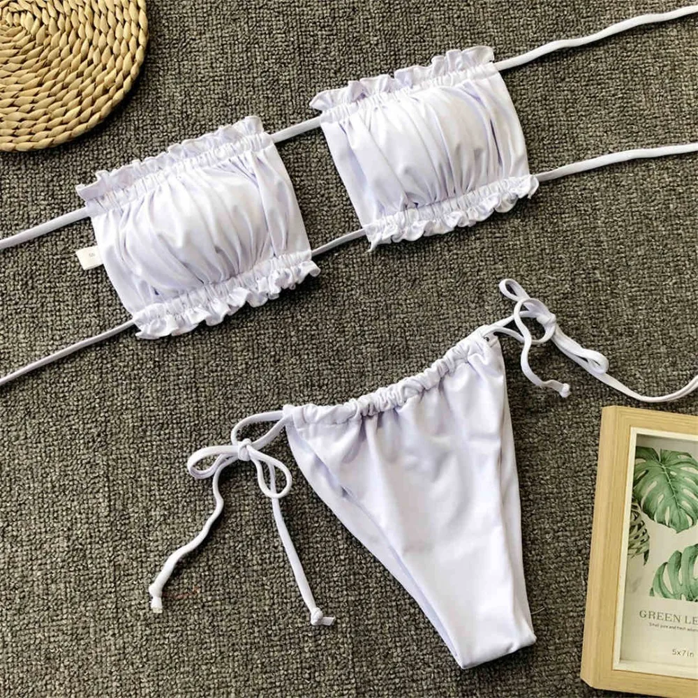 New Pleated Bandeau Brazilian Bikini 2021 Swimsuit Female Swimwear Women Two-pieces set Bather Bathing Suit | Женская одежда