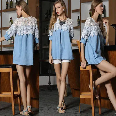 Женские джинсовые кружевные блузки с коротким рукавом повседневные рубашки