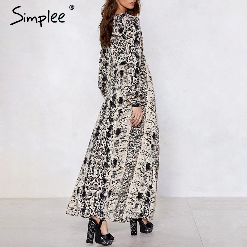 Женское шифоновое длинное платье Simplee со змеиным принтом с V образным вырезом и