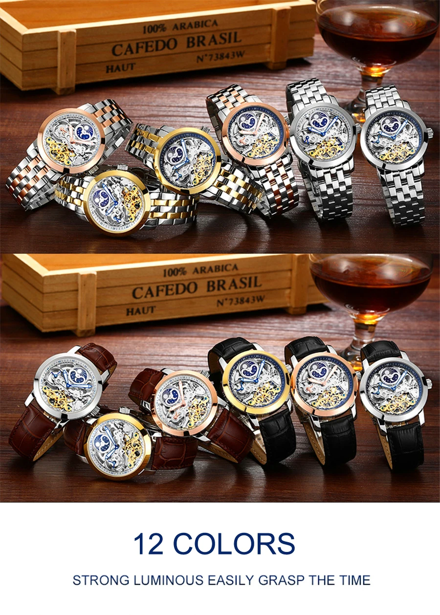 Скелет для мужчин механические часы Автоматические полые Tourbillon часы модные мужские водостойкие 50 м Спорт Луна часы с фазами Relogio