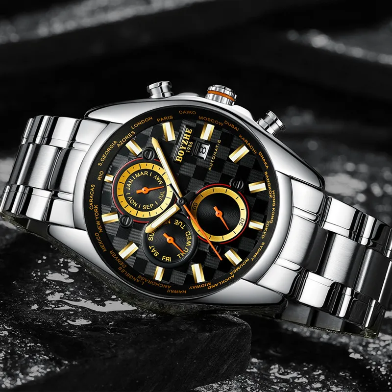 BOYZHE Men Automatic Mechanical Watch Luxury Brand Waterproof Stainless Steel Gold Sports Watches Relogio Masculino | Наручные часы