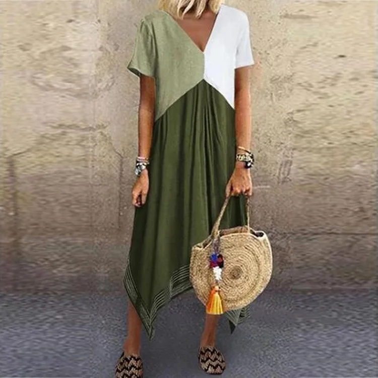 05 Green VIEUNSTA 5XL Summer Print Patchwork Long Party Dress Women Vintage Short Sleeve O-Neck Beach Dress Sexy Plus Size Female Dresses - Цвет: 05 Green
