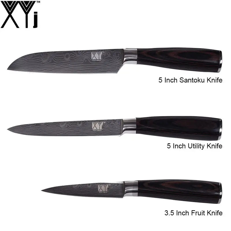 E.(3 Pcs Set) XYj Дамасские вены 7cr17 кухонный нож из нержавеющей стали набор кухонные принадлежности шеф-повара нарезки сантоку утилита фрукты кухонный нож - Цвет: E.(3 Pcs Set)