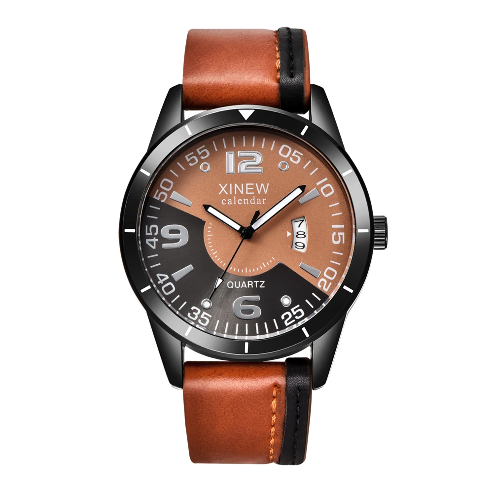 

Top Brand XINEW Men Watches Leather Strap Date Calendar Fashion Design Casual Quartz Wristwatch Relogio Masculino Marca Original
