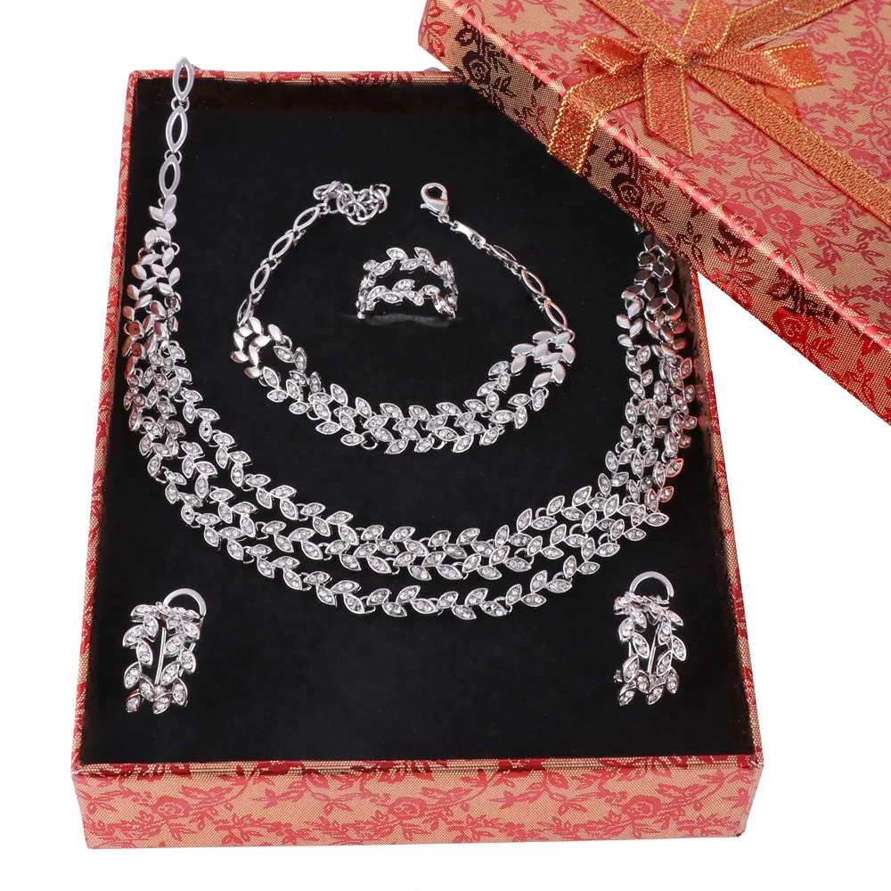 Посеребренное 3 слоя в форме листьев ожерелье Кристалл Ювелирные наборы с