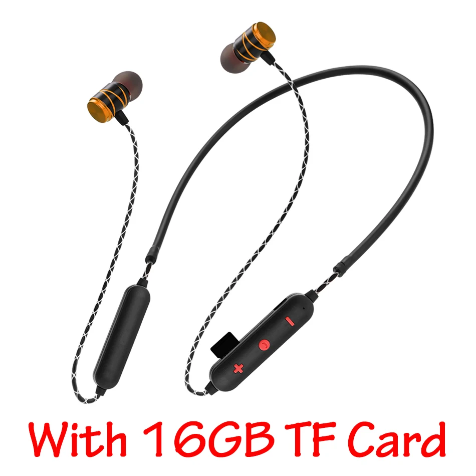 Gold Add 16GB Card HOMEBARL K308 Magnet Bluetooth Headset Wireless Headphone Music Sport Stereo Earphone Mic Support 16GB 8GB Micro SD TF Card Slot - Color: Gold Add 16GB Card