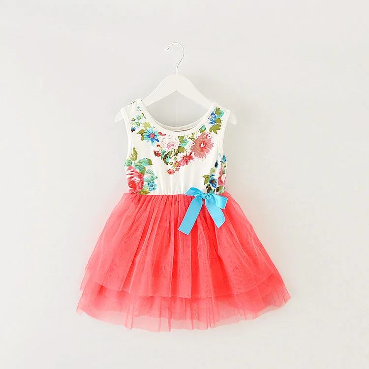 Wholesale Girls Clothing Summer 2017 New Kids Sleeveless Mesh Floral Flower Gauze Dresses Princess Bow Children Clothes 4pcs/LOT | Детская