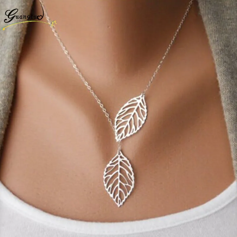

Fashion Pendant Necklace Double Leaf Y Shaped Statement Jewelry For Women Girls Boho Simple Alloy Clavicle Choker Collares