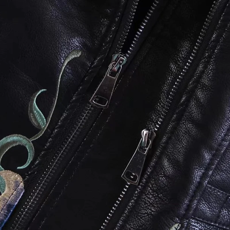 SCQP черный цветочный Вышивка Для женщин кожаная куртка весна длинным рукавом