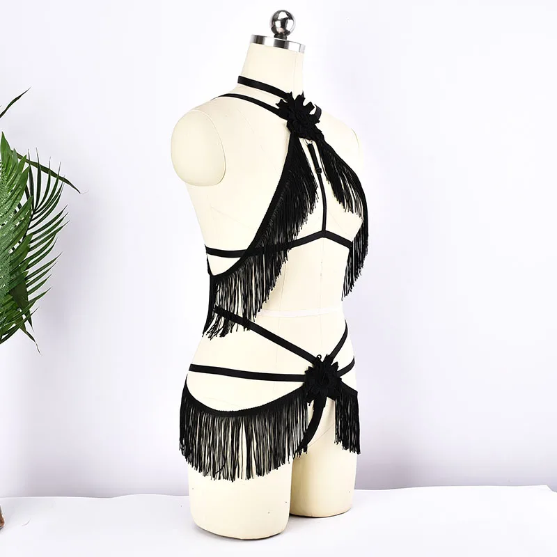 Женский черный бюстгальтер с кисточками и бретельками в стиле Харадзюку Трусы