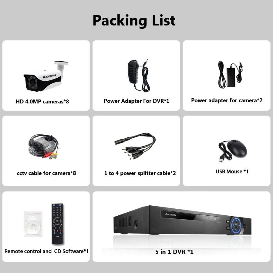 AHCVBIVN HD CCTV System 4MP 8CH AHD DVR Kit 8PCS 4.0mp 2560*1440 Array LEDS Security Camera Outdoor Surveillance | Безопасность и