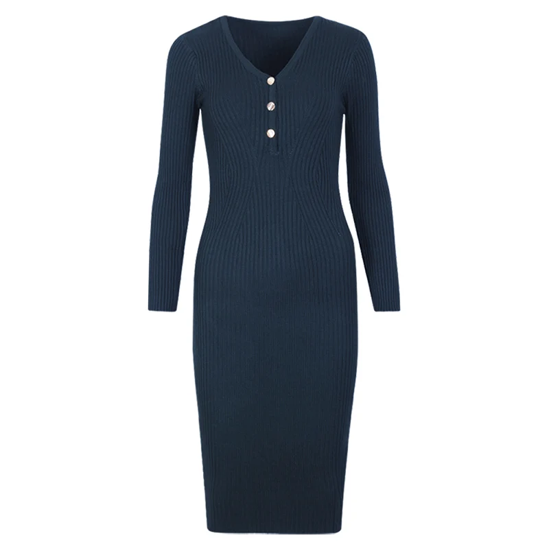 Navy Blue Wixra женское облегающее трикотажное платье с длинным рукавом и пуговицами, обтягивающее женское платье до колена с v-образным вырезом - Цвет: Navy Blue