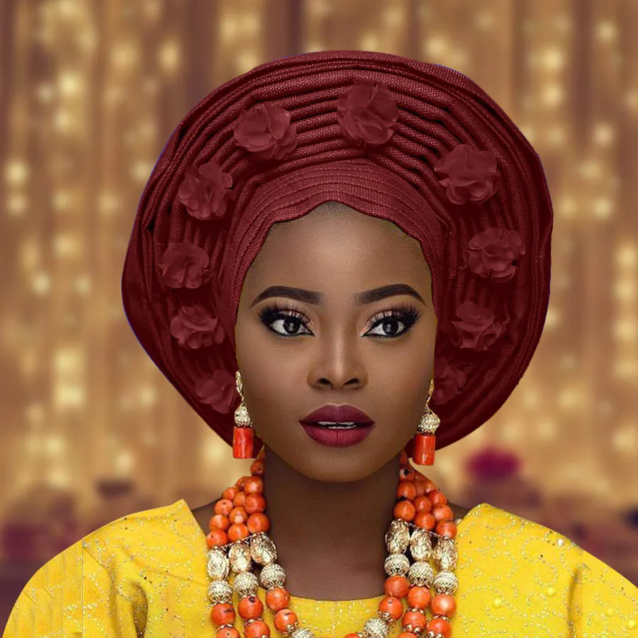 Африканский aso oke Авто геле для женщин с цветком нигерийский aso ebi головной убор для свадьбы