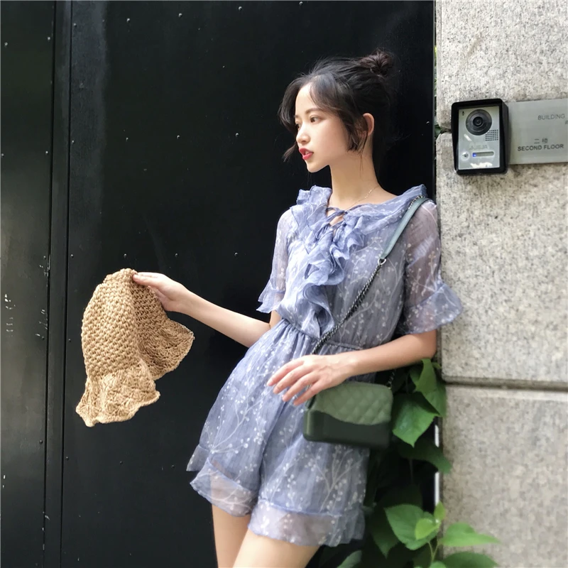 BGTEEVER Vintage Elastic V-neck Ruffles Floral Print Summer Playsuit Elegant Chiffon Women Rompers feminino 2018 | Женская одежда