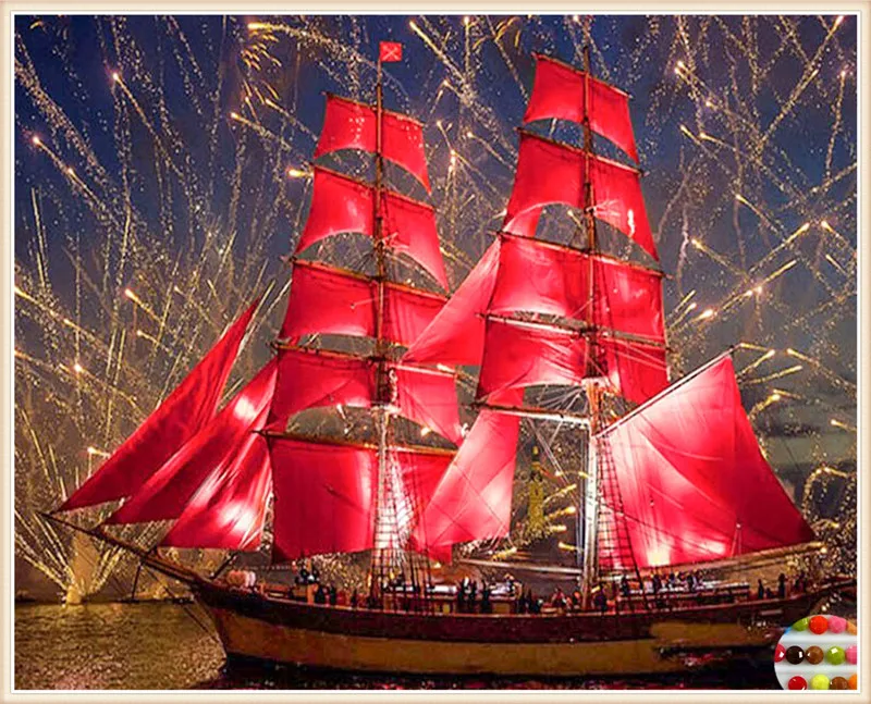 5d diy diamond painting round full cube embroidery red ship scenery pattern hobbies and mosaic Christmas gift | Дом и сад
