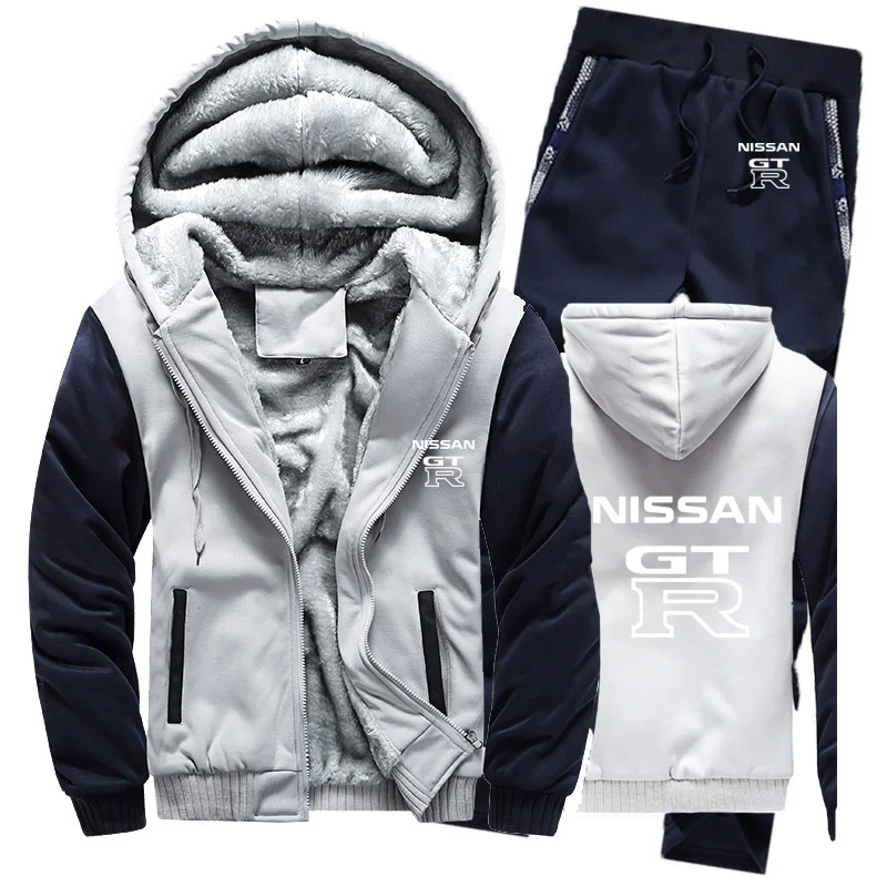 

Winter Hoodies Men GTR Car Logo Print Mens Hoodies Suit Thicken Warm Fleece cotton Zipper Tracksuit Mens Jacket+Pants 2Pcs Sets