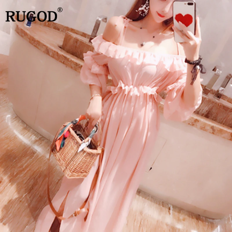 RUGOD 2018 Новое элегантное розовое пляжное платье с рюшами женское Модное шифоновое