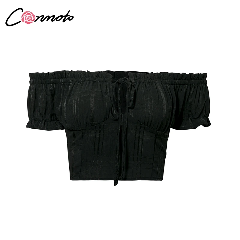 Conmoto Off Shoulder Sexy Womens Tops Shirts Solid Sexy Summer Female Shirt Tops Beach Ruffles Lace Up Crop Top Shirts