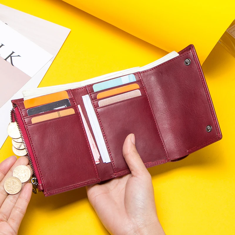 Contact's Fashion Coin Purse Zipper Wallet Genuine Leather Women Wallets Small Money Bag for Ladies Short Billfold Card Holder