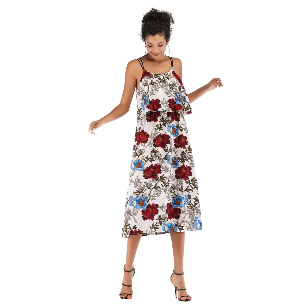 

YYFS 2019 New Elegant Chiffon Women Dress Summer Off Shoulder Floral Print Dress Boho Style Mid-Length Party Beach Dresses Women
