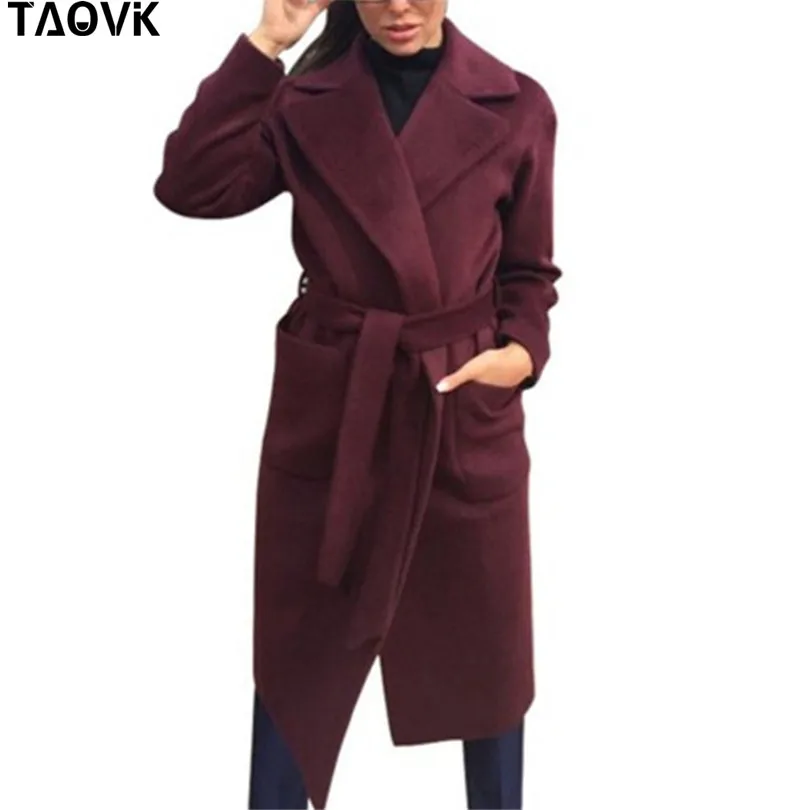 TAOVK женские куртки и пальто средней длины пояс Шерсть& смесь пальто с отложным воротником сплошной цвет Карманы парка
