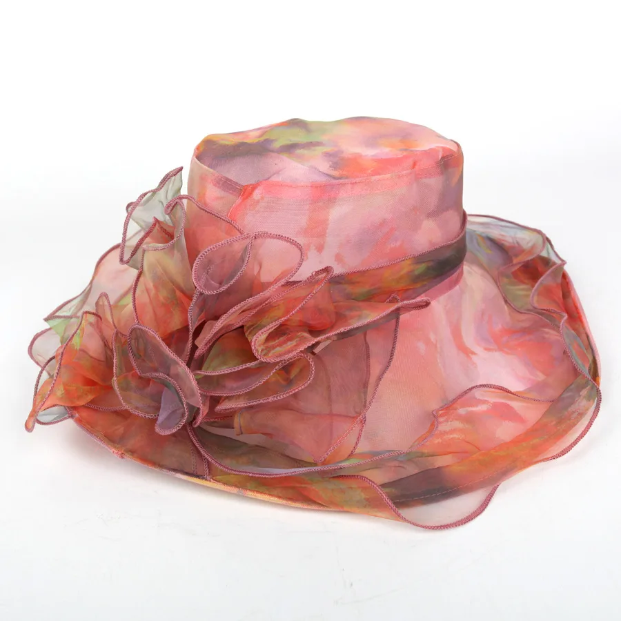 

QIANJI Vintage Women Lady Summer Wide Brim Hot New Female Wedding Tea Party Church Flowers Tulle Caps Panama Chapeau Femme