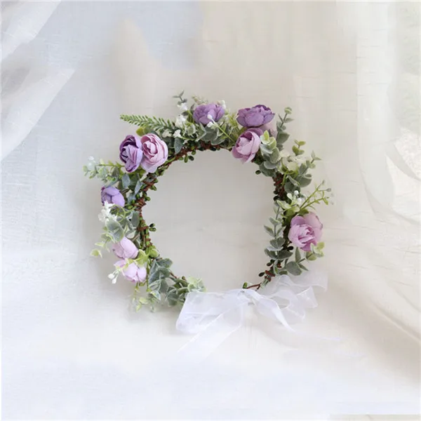 purple CC Garland Wreath Crown Hairbands Handmade Wedding Hair Accessories For Women Bridal Bridesmaids Girls Seaside Rose mq046 - Окраска металла: purple
