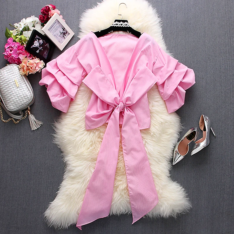 Женская многослойная блузка с бантом V образным вырезом и рукавом фонариком|shirt