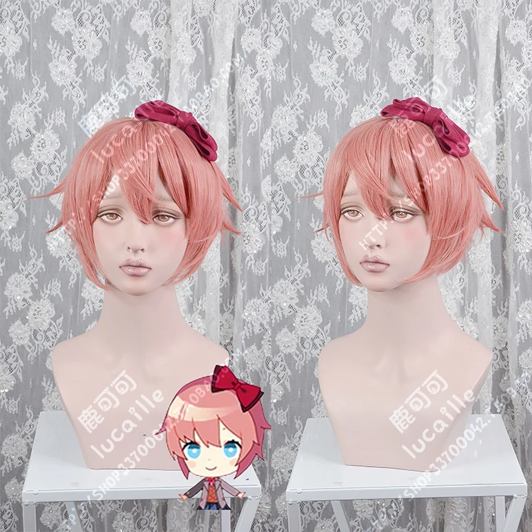 Аниме Doki Literature Club Sayori синтетический парик для косплея натуральная волна Короткие Розовые аниме Боб волосы парики+ красный бант+ парик колпачок