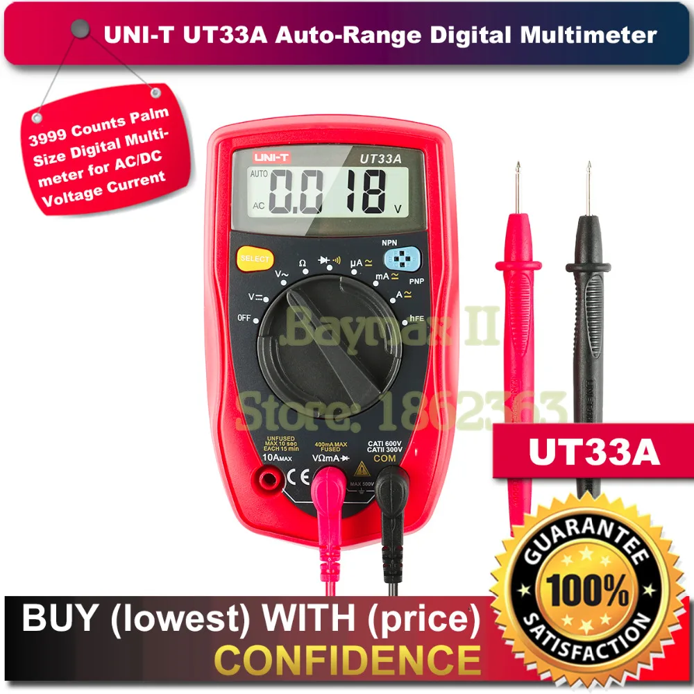 

UNI-T UT33A 3999 Counts Palm Size Digital Multimeter for AC/DC Voltage Current Measurement with Continuity, Diode, hFE Test