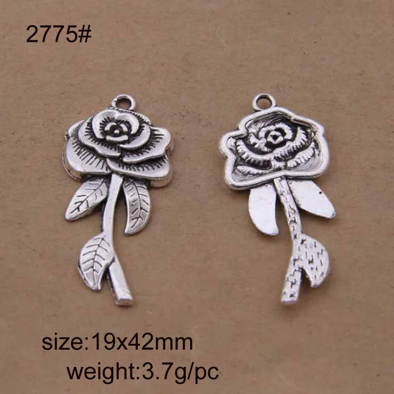 

20PCS 19x42mm Antique Silver Rose Flower Charm Pendants For Jewelry Making