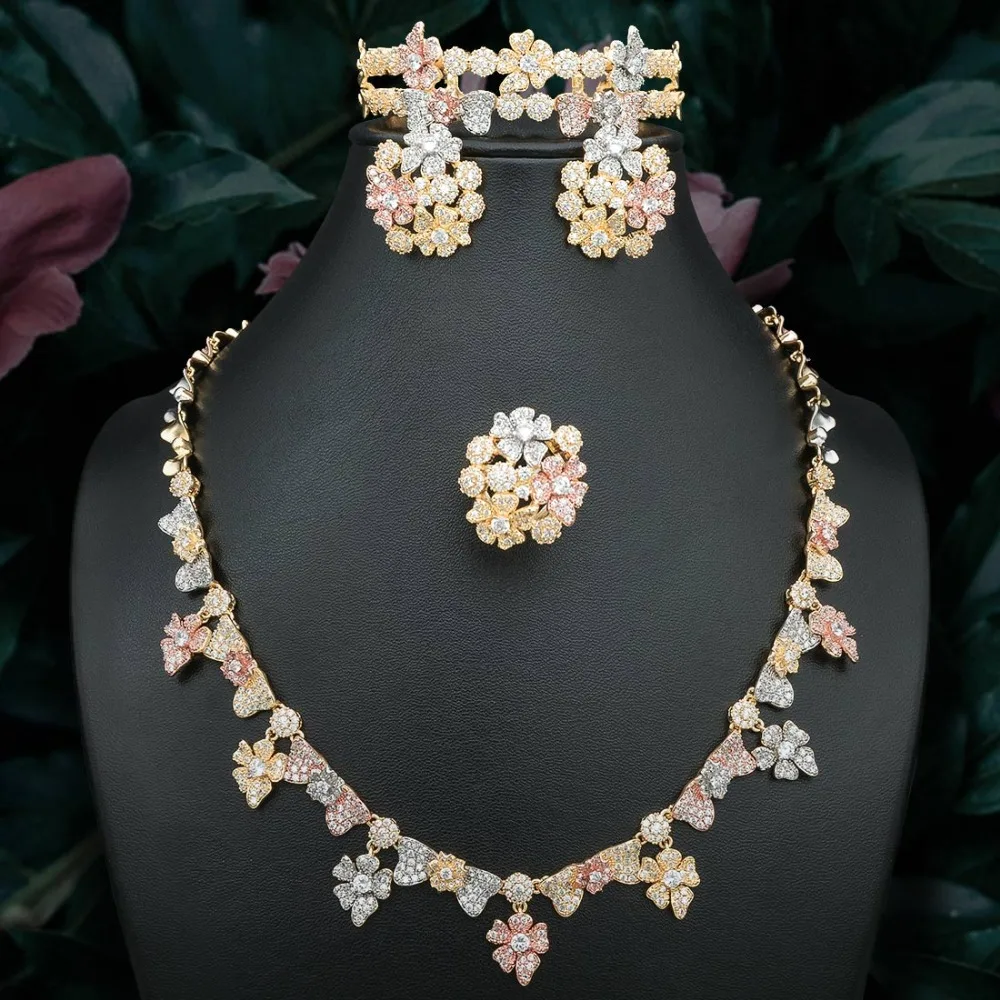 ModemAngel изысканный цветок фианит медь 3 тона цепочки и ожерелья серьги браслет