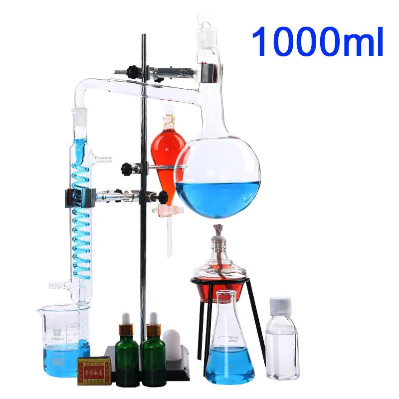 

1000ml New Lab Essential Oil Distillation Apparatus Water Distiller Purifier Glassware Kits w/Condenser Pipe Full Sets