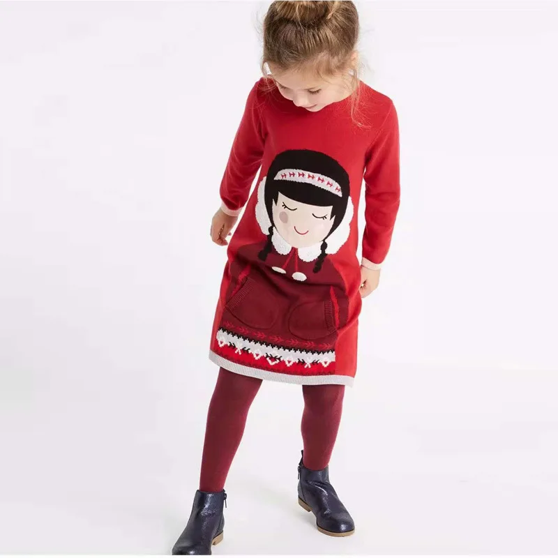 

Fall Girls Red Knit Dress Cute Kids Christmas Dresses Spring Sweaters Dresses for Sweet Girls Children Knitted Clothing 2-7 Yrs