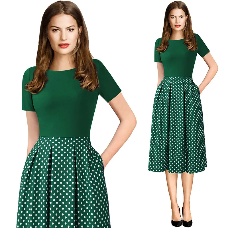 Green White Dot Vfemage, Женская Осенняя Элегантная туника в винтажном стиле с карманами, одежда для работы, офиса, повседневные, вечерние, облегающие и расклешенные, трапециевидные, приталенное платье 1621 - Цвет: Green White Dot