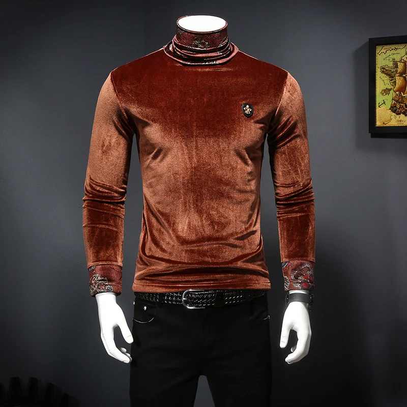 Зимние футболки мужские водолазки бархатные Camiseta Masculina Slim Fit Толстые с цветочным