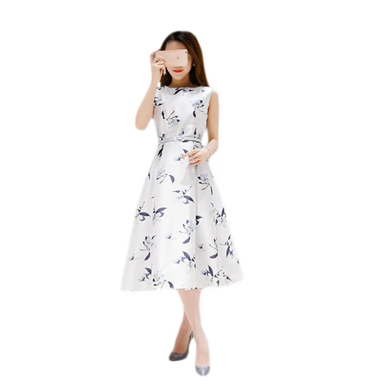 New Summer Elegant Floral Print High Waist Vintage Sleeveless Formal Party Dress Vestidos Female Retro White Green Dresses|Женские