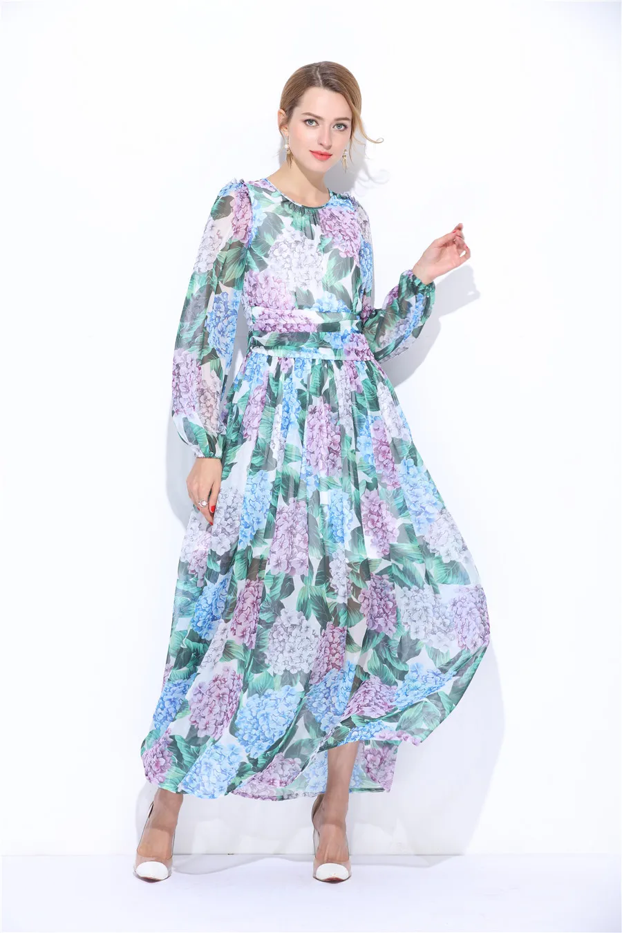 2017 женское Модное шифоновое платье для подиума Длинные рукава с цветочным