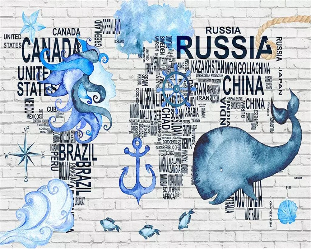 Настенные обои от Beibehang акварель морская икона карта мира детская комната фон