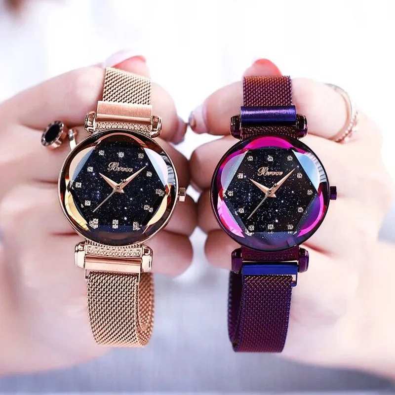 Женские часы с кристаллами и бриллиантами звездного неба золотые повседневные